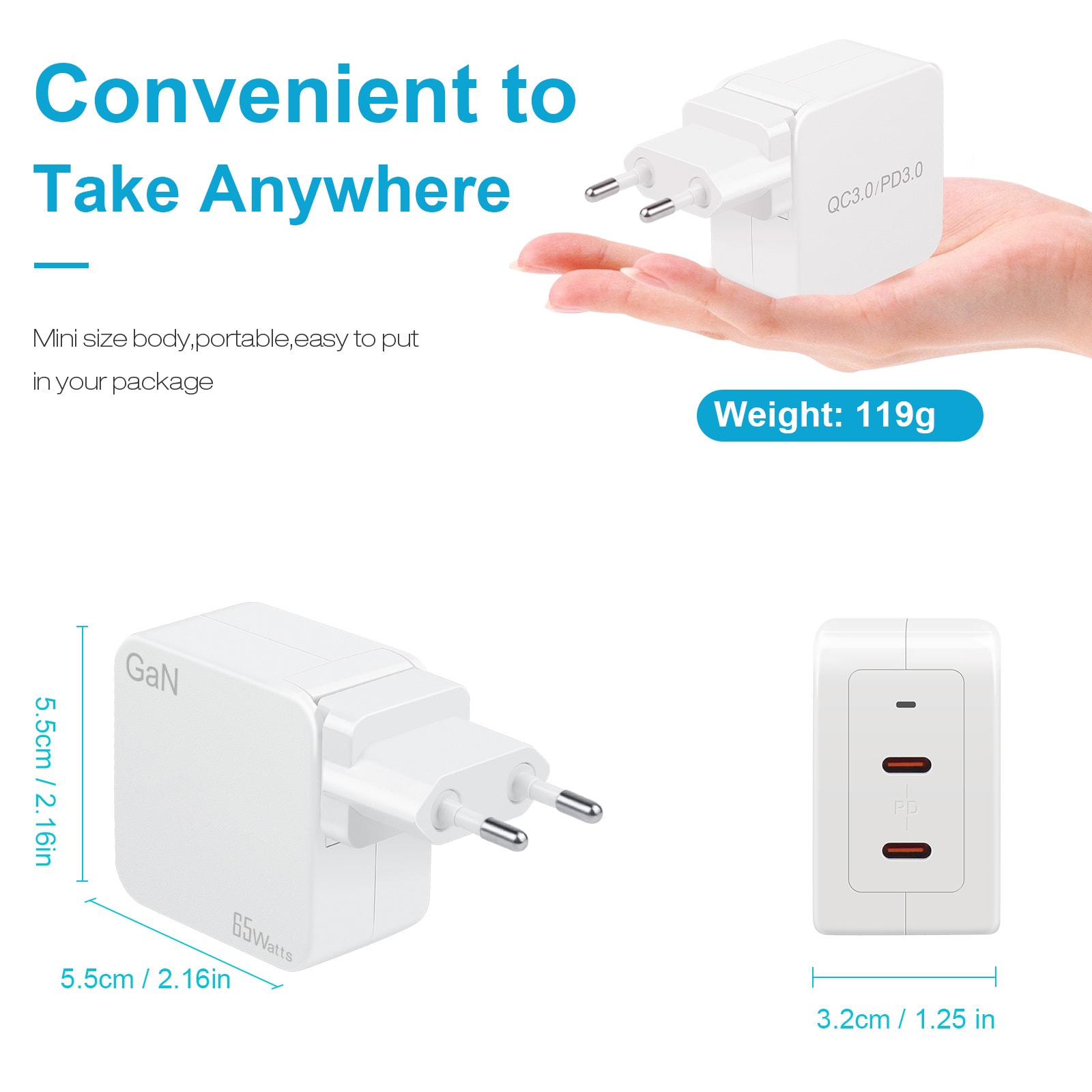65W USB C Charger,PD3.0 GaN USB C Charger for Travel, Fast Charger for MacBook Pro/Air, iPad, Galaxy S24 Ultra, Dell XPS, iPhone 15 Pro and More EU Wall Style