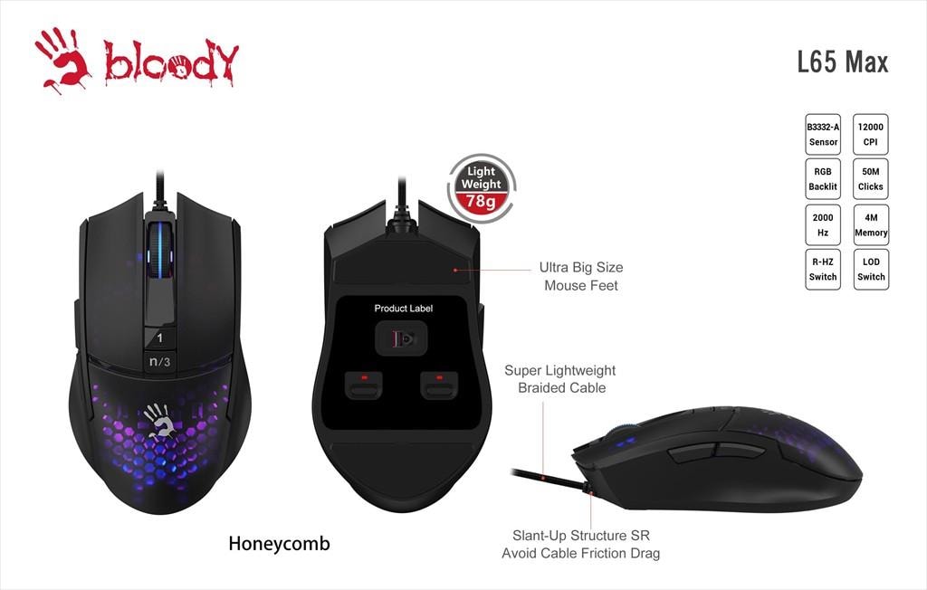 MOUSE WIRED A4TECH Bloody Gaming, L65 Max Honeycomb , RGB, USB, 12000CPI, Black