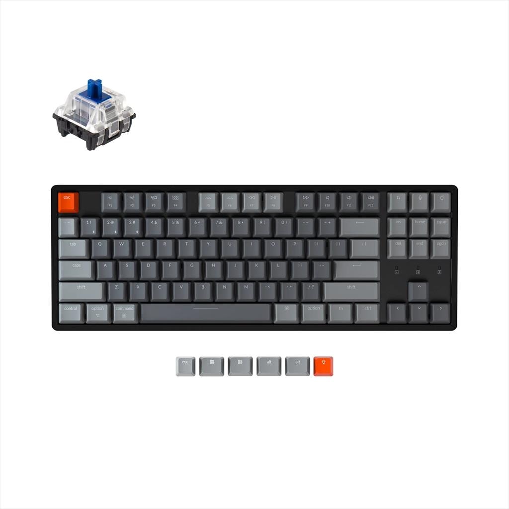KEYBOARD MECHANICAL KEYCHRON K8 ALUMINIUM RGB LED TKL Gateron Optical Blue switch Multi-Device (Wired+Bluetooth), Black, K8-Q2