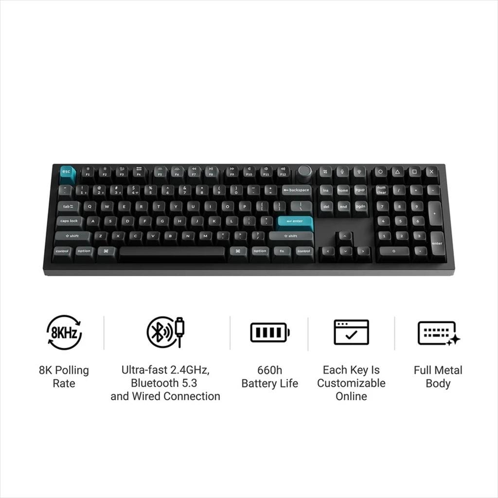 KEYBOARD MECHANICAL KEYCHRON Q6 ULTRA 8K RGB FULL SIZE Metal body, HS Keychron Silk POM Red Switch Multi-Device (2.4Ghz & BT), Black, w/knob,Q6U-M1
