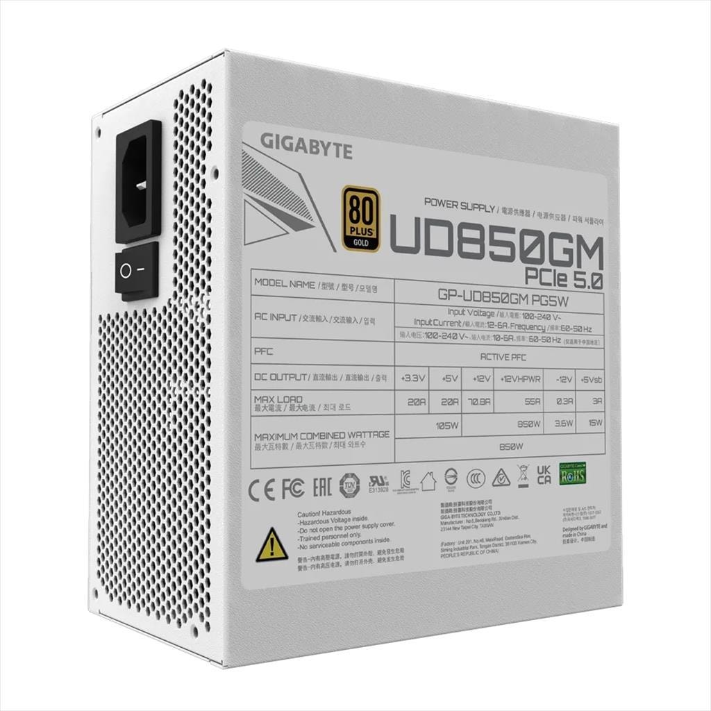PSU 850W GIGABYTE UD850GM PG5W 80 PLUS GOLD w/PCIE 5.0, FULL MODULAR, WHITE, GP-UD850GM PG5W