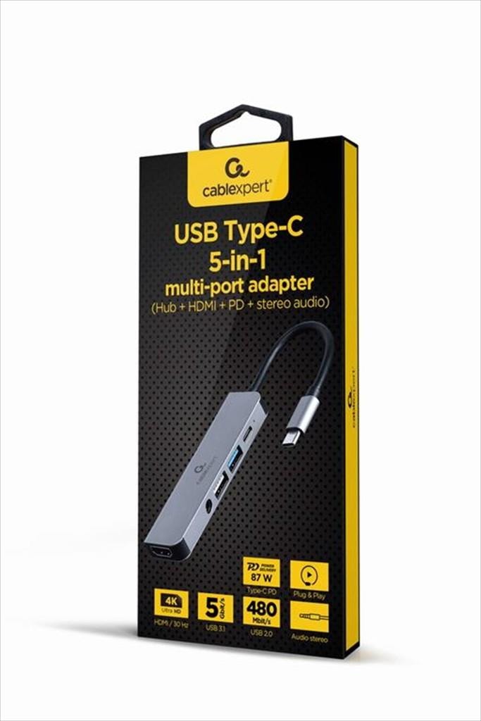 DOCKING STATION TYPE-C 5 in1, HDMI / USB 2.0 / USB 3.1 / Type-C PD max 87W/ 3.5mm/ SD/CABLEXPERT/ Space gray/ A-CM-COMBO5-02