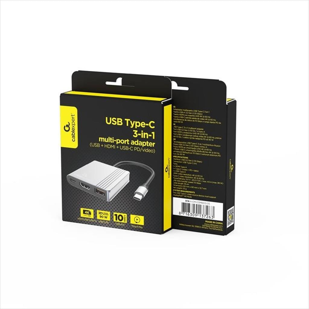 DOCKING STATION TYPE-C 3 in1, HDMI / USB 2.0 / USB 3.1 / Type-C PD max 90W/ CABLEXPERT/ Space gray/ A-CM-COMBO3-05