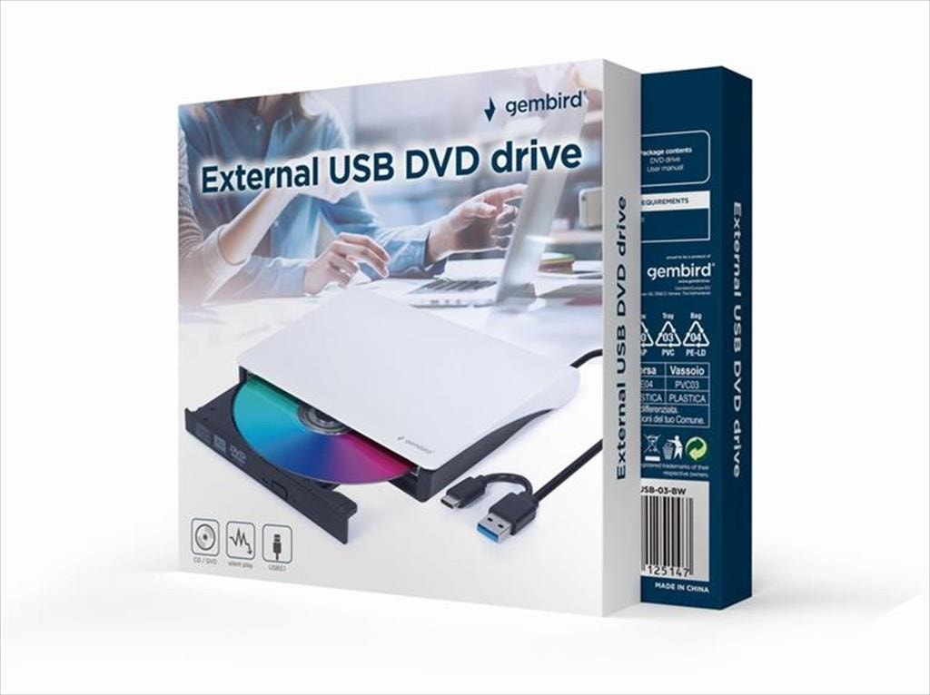 OD EXTERNAL DVD RW GEMBIRD DVD-USB-031-BW, White (USB 3.0+Type-C)